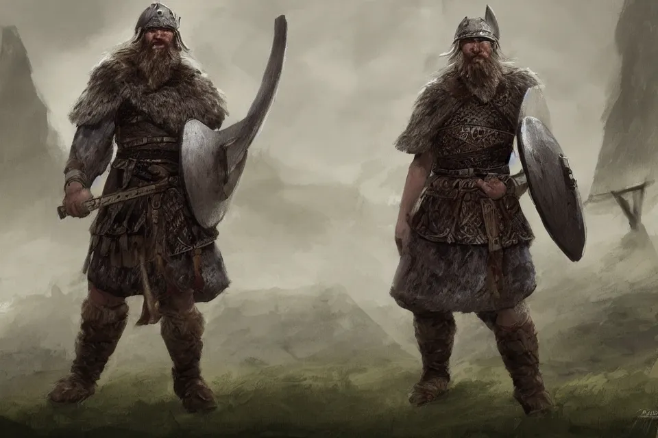 Prompt: A viking warrior standing proudly in his village, concept art