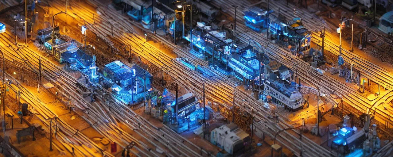 Prompt: mega detailed miniature voxel diorama of futuristic railway junction, modern architecture, tilt shift, industrial lights, by night clean and sterile atmosphere, row of street lamps with cold blue light, several trains nearby, near future 2 0 3 0