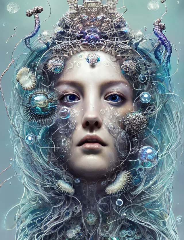 Image similar to goddess macro close - up portrait in crown made of ram skull. betta fish, jellyfish phoenix, bioluminiscent, plasma, ice, water, wind, creature, super intricate ornaments artwork by tooth wu and wlop and beeple and greg rutkowski