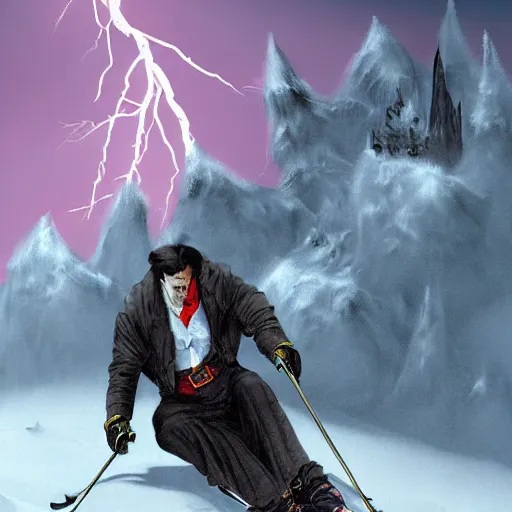 Image similar to dracula skiing down a mountain a night in a thunderstorm, digital art, highly detailed, epic composition, cinematic lightning