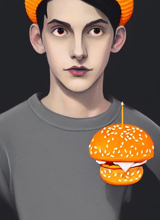 Prompt: portrait of teenage jughead jones wearing a light grey crown, symmetrical crown, sweater with picture of hamburger, eyes closed, crown, black hair, orange, intricate, elegant, glowing lights, warm lighting, highly detailed, digital painting, artstation, concept art, smooth, sharp focus, illustration, art by wlop, mars ravelo and greg rutkowski