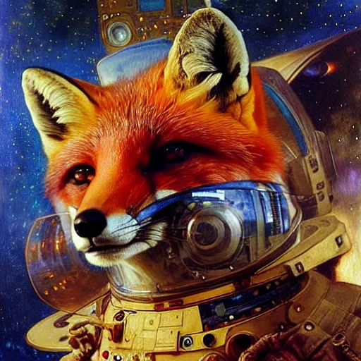 Image similar to portrait of a male fox wearing a space suit in a space ship. shadowrun furaffiniy cyberpunk fantasy highly detailed painting by gaston bussiere craig mullins jc leyendecker gustav klimt artgerm greg rutkowski john berkey, bergey, craig mullins, ruan jia, raymond swanland, jeremy mann, tom lovell, alex malveda