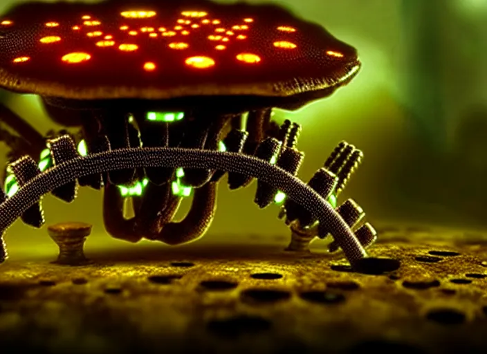 Image similar to 12mm intricate mechanical caterpillar with visible gears and electronics and optic Fibres sitting on top of a mushroom in a magical forest. Very detailed 8k. Fantasy cyberpunk horror. Sharp. Cinematic post-processing