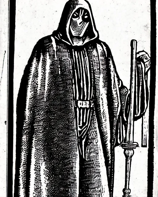 Image similar to b & w woodcut of doctor doom from the nuremberg chronicle, 1 4 9 3, restored, hq scan