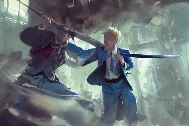Prompt: a blonde man in a blue suit swinging a sword at an asian man with a sword, d & d, heartstone, digital painting, volumetric light, intricate, sharp, focus, bloom, illustration, highly detailed, concept art, matte, ruan jia, randy vargas, greg rutkowski