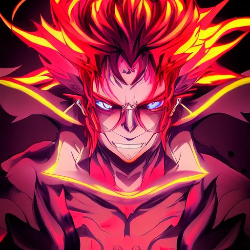 Prompt: villan devil handsome in demon slayer art, night, fire lines, anime style, detailed face, high quality, smooth in 8k, sharp focus, beautiful scene, black border, beautiful scene with a lot of colors, colorful neon fire