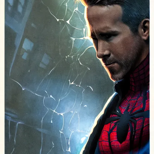 Image similar to ryan reynolds as spider - man, wearing a black and blue suit, cinematic, volumetric lighting, f 8 aperture, cinematic eastman 5 3 8 4 film, photorealistic by greg rutkowski, by stanley artgerm, by alphonse mucha