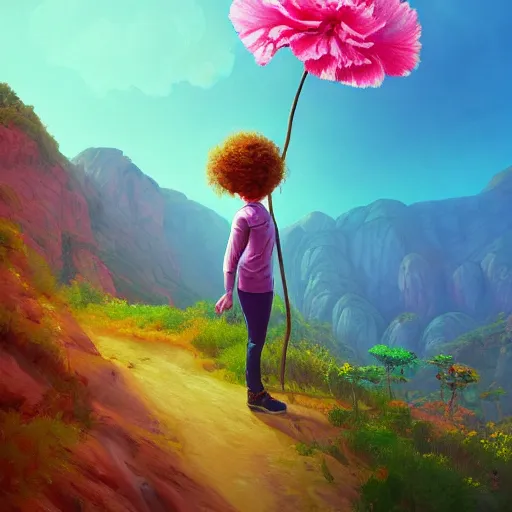 Image similar to giant carnation flower as a head, girl hiking in a canyon, surreal photography, sunrise, dramatic light, impressionist painting, colorful clouds, digital painting, artstation, simon stalenhag