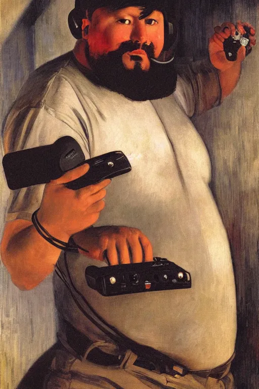 Image similar to portrait of a handsome chubby bearded Hispanic man, wearing headset and T-shirt, holding game controller, glowing with silver light, painting by Franz Marc, by Jean-Léon Gérôme, by Winsor McCay, today's featured photograph, 16K