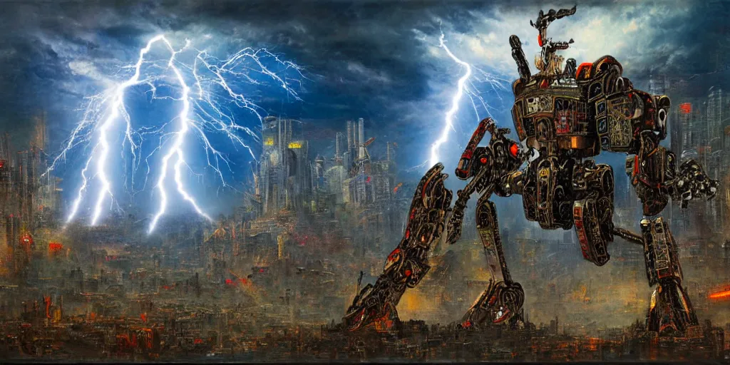 Prompt: Giant War Robot in the middle of Tokyo in style of Gustave Moreau. Symbolism, Detailed Art, 8K, Epic, Dynamic Lightning.