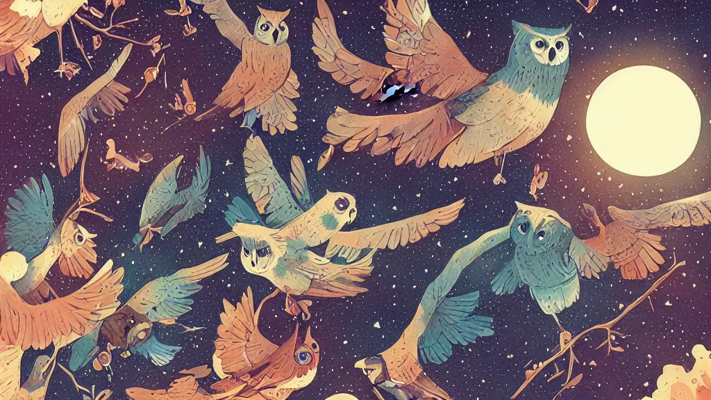Prompt: finely detailed, ilya kuvshinov, mcbess, rutkowski, watercolor illustration of owls flying at night, colorful, deep shadows, astrophotography, highly detailed