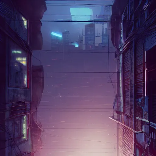 Prompt: One dilapidated building with only one window glowing. ArtStation, Cyberpunk, Vertical Symmetry, 8K, Highly Detailed, Intricate, Album Art.