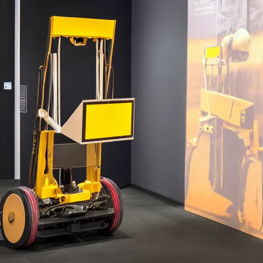 Prompt: a photo of an exhibition of a pure gold pallet truck, in a modern museum, spot lights on the pallet truck, black background.