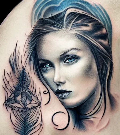 Image similar to tattoo design sketch of a beautiful blue - eyed woman face with a faded background of beautiful mountains and nature on her side, hyper - realistic, in the style of den yakovlev, amazing detail, black and white