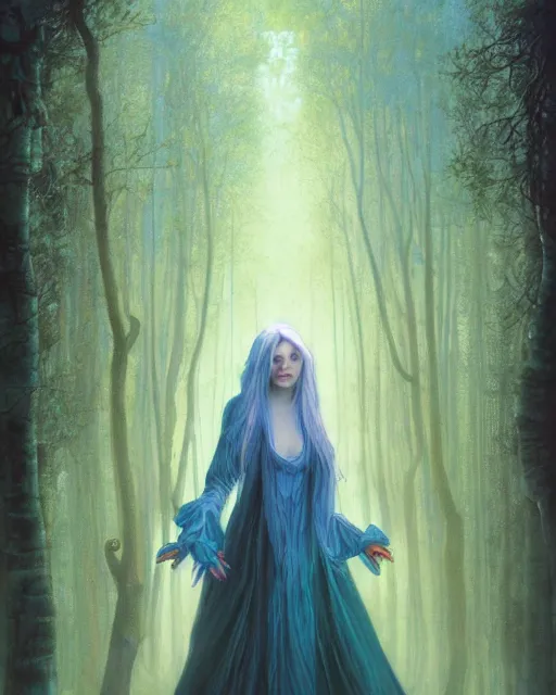 Prompt: pale woman with blue hair standing in a forest with iridescent tree bark, myst, dawn, dramatic lighting, gerald brom, nekro borja, rembrandt, alphonse mucha,