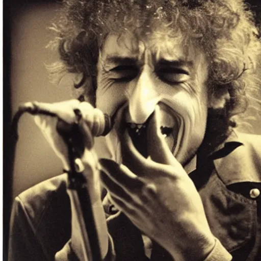 Prompt: rabid bob dylan foaming at the mouth, bloodshot eyes, raised eyebrows, rotten teeth