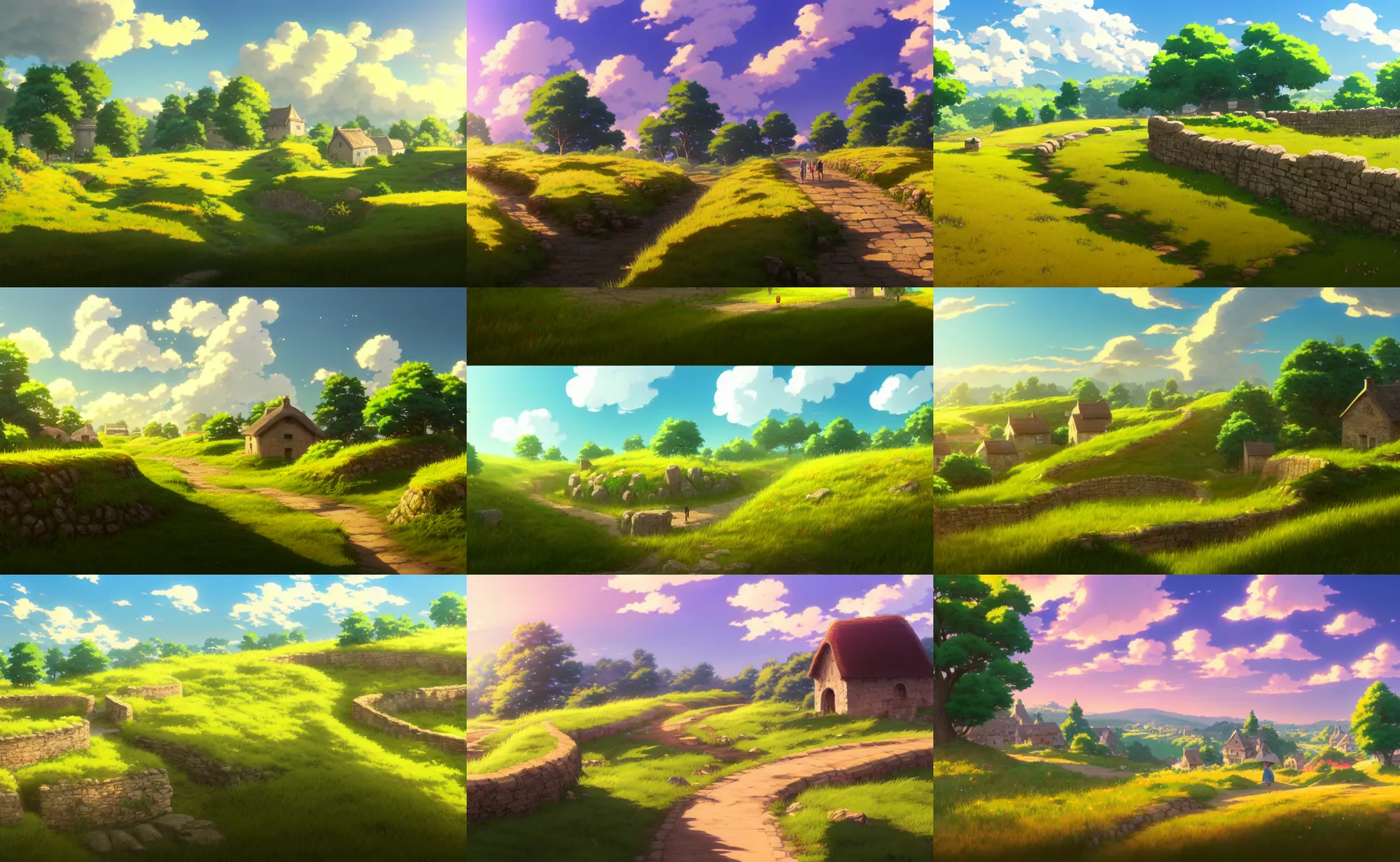 Prompt: an anime movie background matte painting of a meadow in the countryside, rolling hills, cottages, wheat fields, cobblestone road, old stone wall, by Makoto Shinkai, trending on Artstation, highly detailed
