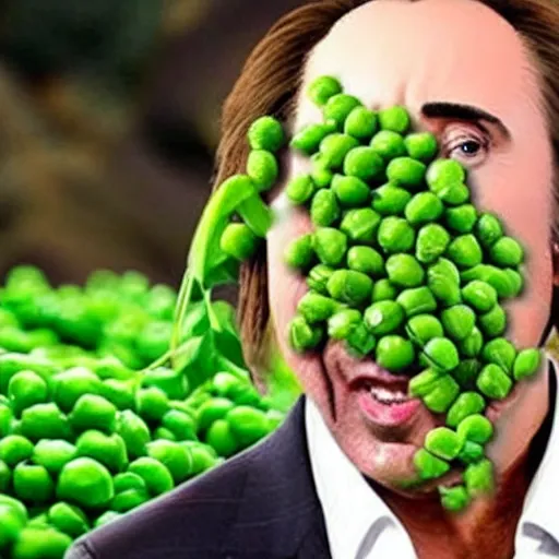 Image similar to nicolas cage with a wicker basket over head screaming with a mouth full of peas