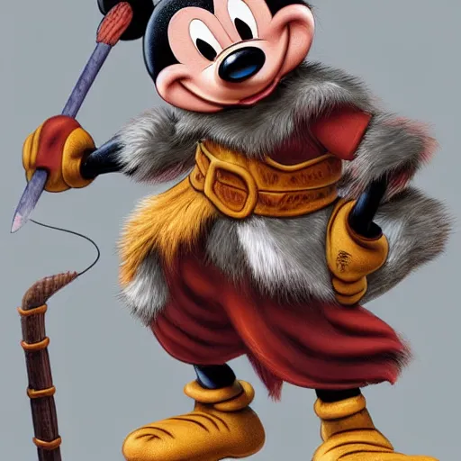 Prompt: mickey mouse as barbarian, photoreal by disney