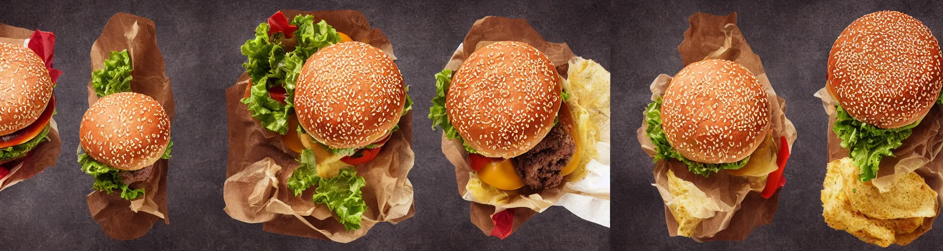 Prompt: a triptych of the hamburgers that represent all of history, award - winning food photograph