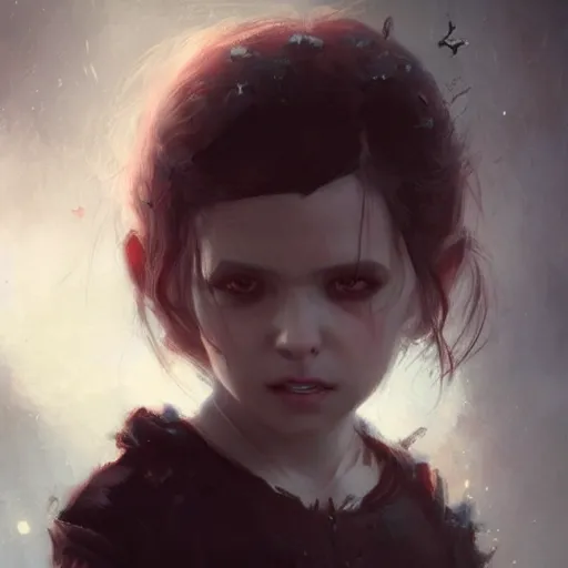 Image similar to Portrait of a small vampire girl, detailed face, fantasy, highly detailed, cinematic lighting, digital art painting by greg rutkowski