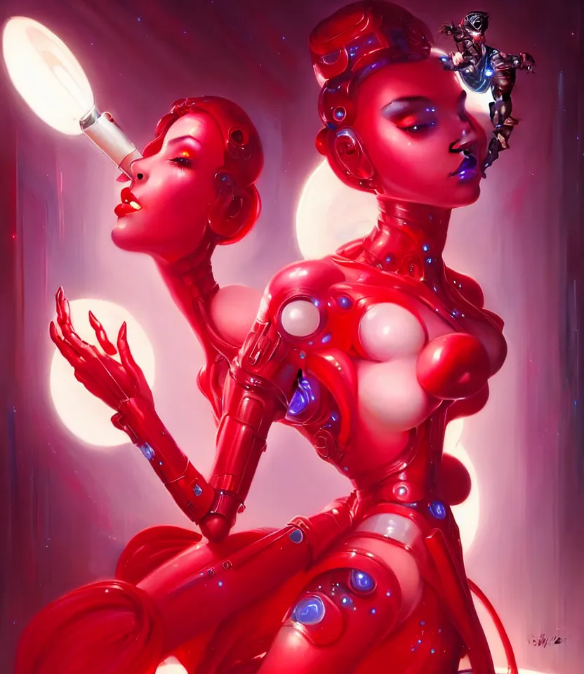 Image similar to beautiful fantasy woman android with bright lipstick wearing glowing red dress with white fur, seductive pose, futuristic, ultra realistic, dramatic lighting, robots, highly detailed by peter mohrbacher, hajime sorayama, wayne barlowe, boris vallejo, aaron horkey, gaston bussiere, craig mullins