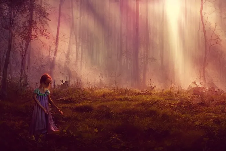 Prompt: the great beyond, sci - fi scene future new york, little girl holding a hand of a big robot, forest punk, crepuscular rays, epic scene, hyper realistic, photo realistic, overgrowth, cinematic atmosphere, ethereal lighting