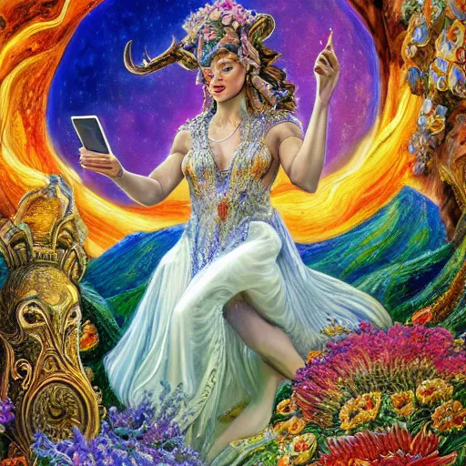 Image similar to a painting by josephine wall depicting aires as a goddess with large ram horns growing from her head. she is checking her cell phone. erupting volcano and sunrise in distance in background, flowers in foreground, acrylic on canvas, intricately detailed, highly detailed, high resolution, hd, 8 k, wallpaper, trending on artstation, zodiac, fantasy