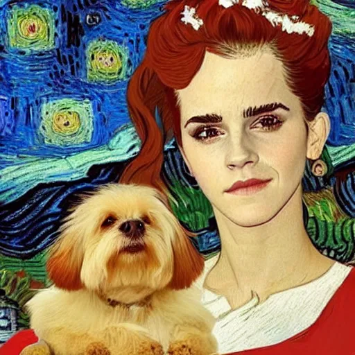 Image similar to emma watson with a dog on her head in the style of vincent van gogh