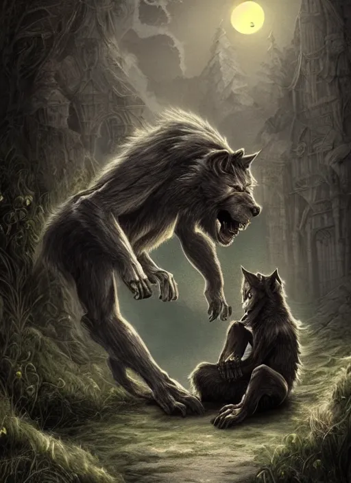 Image similar to a werewolf at night sitting next to a human child, fantasy art, matte painting, highly detailed