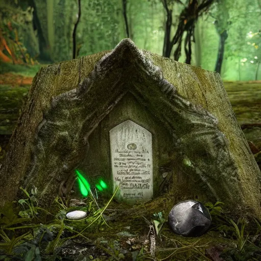 Image similar to side view of a beautiful abandoned tombstone with an embedded emerald laying on the ground, in a deep forest, overgrown foliage taking over it, close - up, 3 5 mm, biopunk, bokeh, beautiful, lens flare, emotional, detailed, picture, trending on artstation, award - winning, shiny, golden, octane render