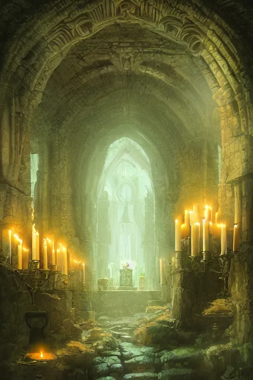 Prompt: Detailed Interior of Monastery Ruins, Gloomy Green Ambience, light of god, light shafts, candles, stunning atmosphere, in Style of Peter Mohrbacher, cinematic lighting