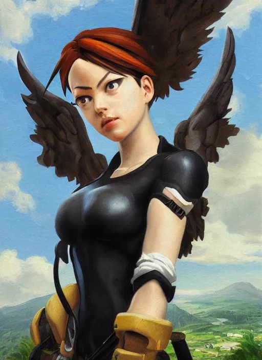 Image similar to oil painting of tracer overwatch in the style of sophie anderson, on knees, angel wings, black outfit,