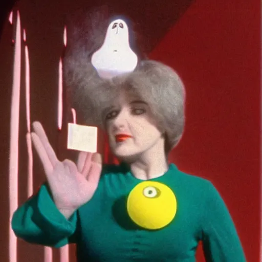 Image similar to woman with prosthetic nose enters an eyeball cult, 1981 children's tv show, color