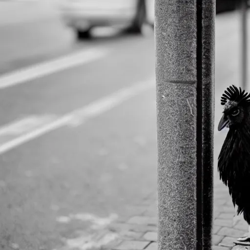 Image similar to dramatic photo of an emo chicken sitting at a bus stop, heartbreaking, emotional, black and white, focal point, closeup, inspirational.