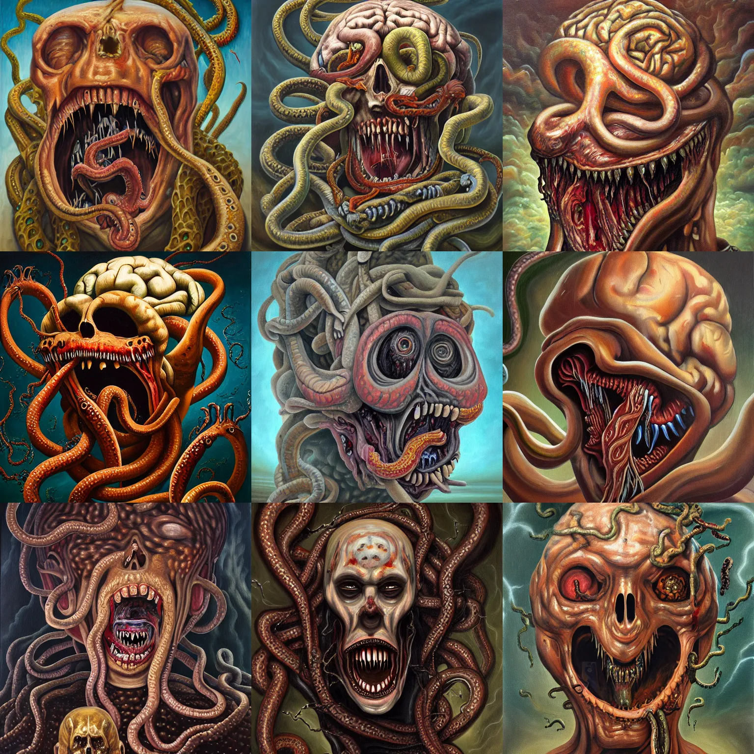 Prompt: an oil on canvas painting of a screaming decapitated man's partially decomposing face with biting serpents swarming out of his exposed brain, a surrealist painting, polycount, surrealism, surrealist, lovecraftian, cosmic horror, high detail