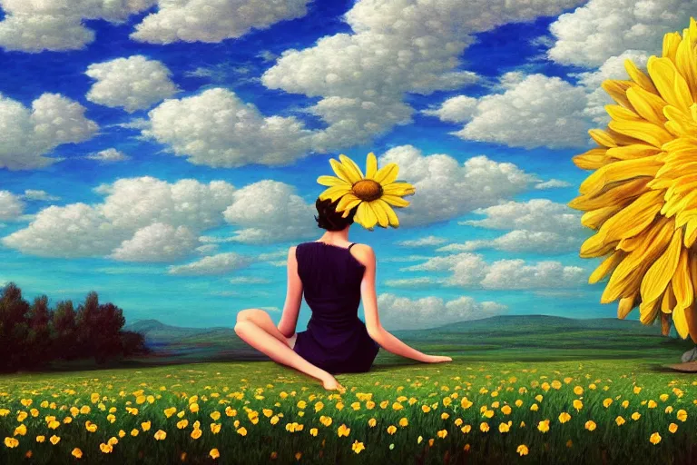 Prompt: giant daisy flower head, woman sitting, surreal, clouds in sky, impressionist painting, digital painting, artstation, rob gonsalves
