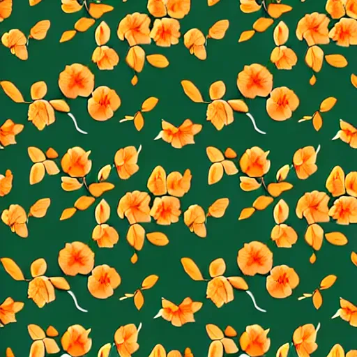 Image similar to repeating fabric pattern, minimalistic, miniature tiny orange and peach color flowers, green and brown vines and leaves, in the style of Bonnie Christine