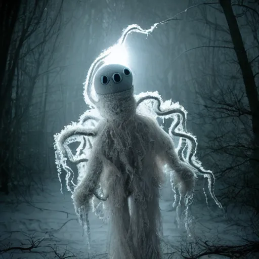 Image similar to a peaceful fluffy humanoid ethereal ghostly live action muppet wraith like alien figure with a squid shaped parasite overtaking its head with four long tentacles for arms that flow gracefully at its sides while it floats around the frozen woods searching for lost souls and that hide in the shadows in the trees, this character can control the ice and snow and has mastery of the shadows and electrokinesis, it is a real muppet by sesame street, photo realistic, real, realistic, felt, stopmotion, photography, sesame street