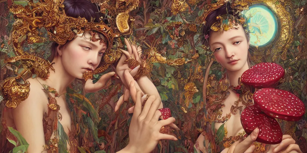 Image similar to breathtaking detailed concept art painting of the goddess of rafflesia arnoldii flowers, orthodox saint, with anxious, piercing eyes, ornate background, amalgamation of leaves and flowers, by Hsiao-Ron Cheng, James jean, Miho Hirano, Hayao Miyazaki, extremely moody lighting, 8K