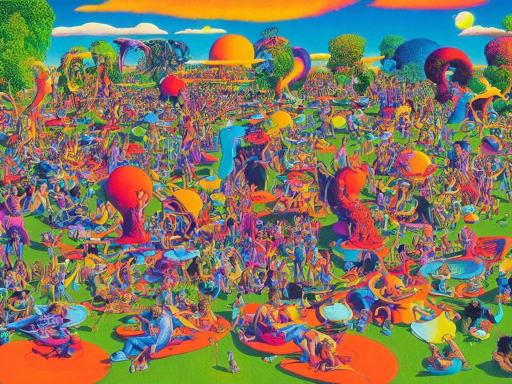 Image similar to a beautiful view of a groovypunk gathering in a public park, art by ron walotsky and peter max and roger dean