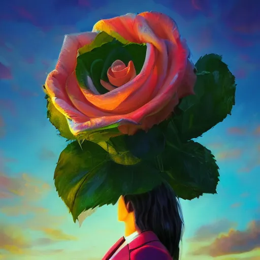 Image similar to closeup, giant rose flower head, frontal, girl in suit, surreal photography, sunrise, blue sky, dramatic light, impressionist painting, digital painting, artstation, simon stalenhag