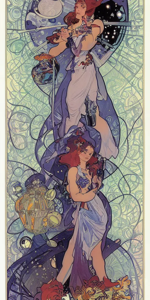 Prompt: a woman wearing outer space as a dress, pouring water from a vase into the milky way, by joe madura, by alphonse mucha, battle chasers.