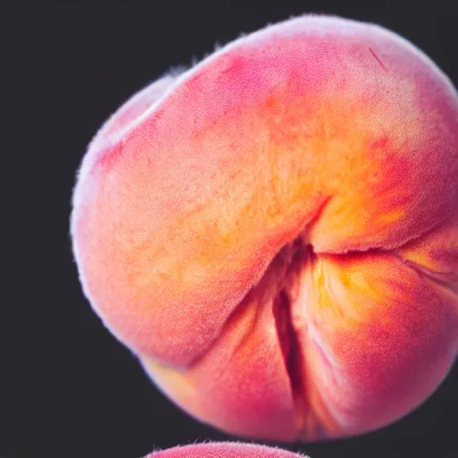 Image similar to a macro photo of a round peach's dry hairy skin, hyper realistic, hyper detailed, 35mm, very grainy film, pink volumetric studio lighting, bokeh, black background award winning shot, vogue magazine, cinematic, 8k, very closeup, elegant, tender, pastel