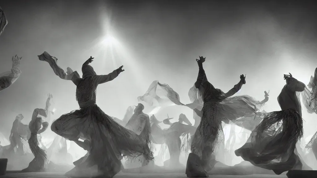 Image similar to tyrkisk sufi dance, sufi, arabic words, bysintine, gothic, 4 k, smokey, michael whelan, peter mohrbache, giovanni paolo panini style epic, volumetric light, insanely detailed, unreal engine render, artstation trends, hyper detail, epic art style, cinematic, concept art, soft white gold lights