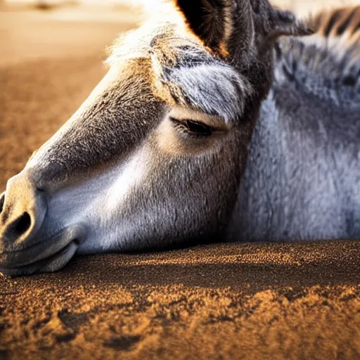 Prompt: A donkey lying on a sunbed near the beach, photorealistic