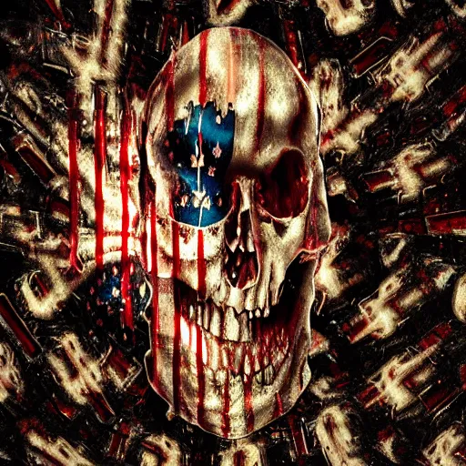 Image similar to military bullets skulls weapons american flag smoke scariest horror nightmare by pushead junji ito and horiyoshi iii, digital art, deepdream cosmic, 3 d high definition, trending on artstation, photorealistic, 8 k, octane, hyper detailed, trending on deviantart elegant trend, highly detailed unreal engine