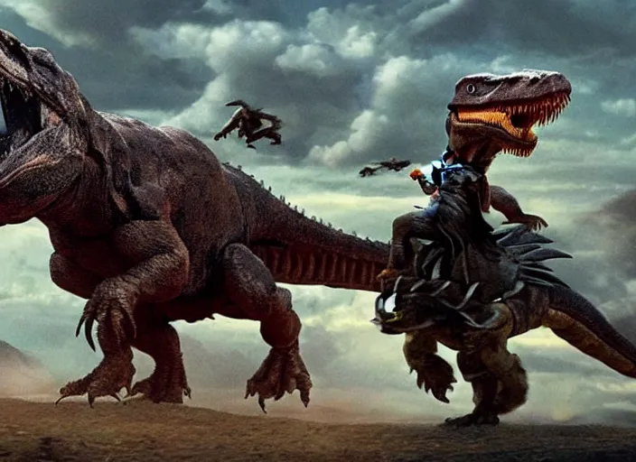 Image similar to Anakin Skywalker riding a Tyrannosaurus Rex into battle