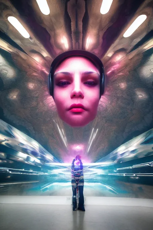 Prompt: cinematic shot epic fractal halls of creativity, walls of large moving images, hyper realistic, mood lighting, fantasy, detailed people creating beautiful diverse large holographic art, highly detailed, super realistic, point of view of visor wearer, air hands painting art in the air!, perfect lighting pixel sorting