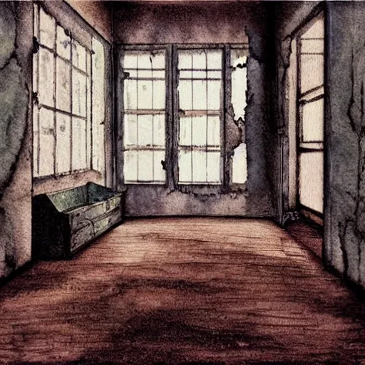Prompt: an old room, with a bed in the corner, Haunted Places In Shelby Ohio: 20 Haunting Pictures Of Abandoned Asylums, Nice colour scheme, soft warm colour. Studio Gibli. Beautiful detailed watercolor by Lurid. (2022)